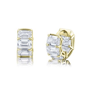 18K Emerald Cut Diamond Huggie Hoop Earrings